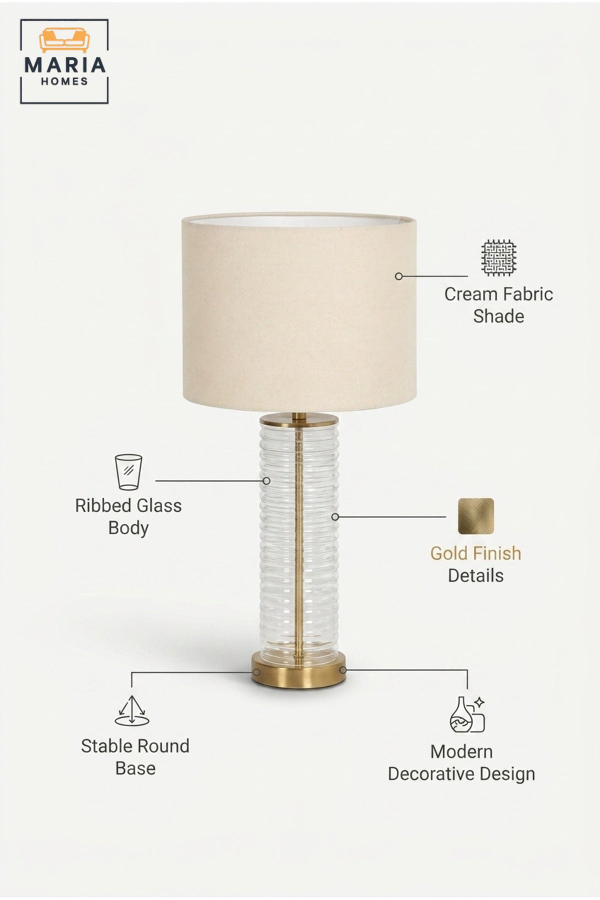 Modern Clear Ribbed Glass Table Lamp with Fabric Drum Shade and Gold Accents Elegant Bedside Light for Bedroom Living Room Office and Hotel Décor