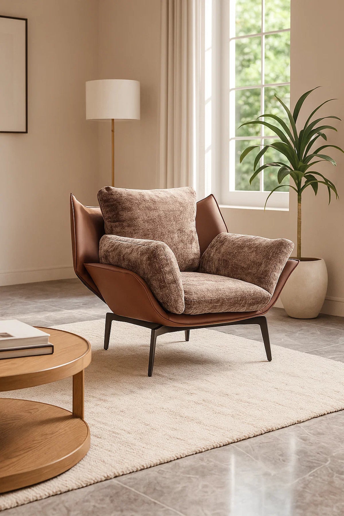 Coffee Velvet & Leather Lounge Chair, Luxury Armchair for Living Room, Bedroom & Hotel Lobby