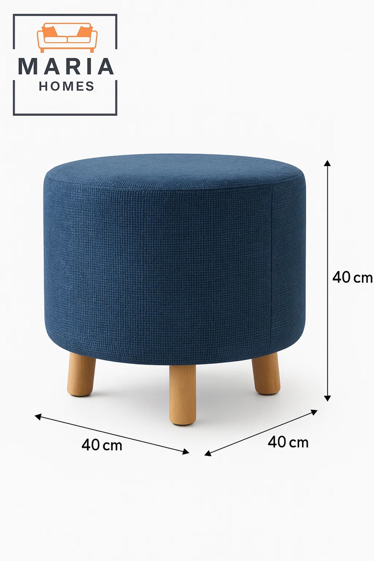 Round Blue Velvet Ottoman Stool Ð Modern Wooden Legs for Living Room or Bedroom