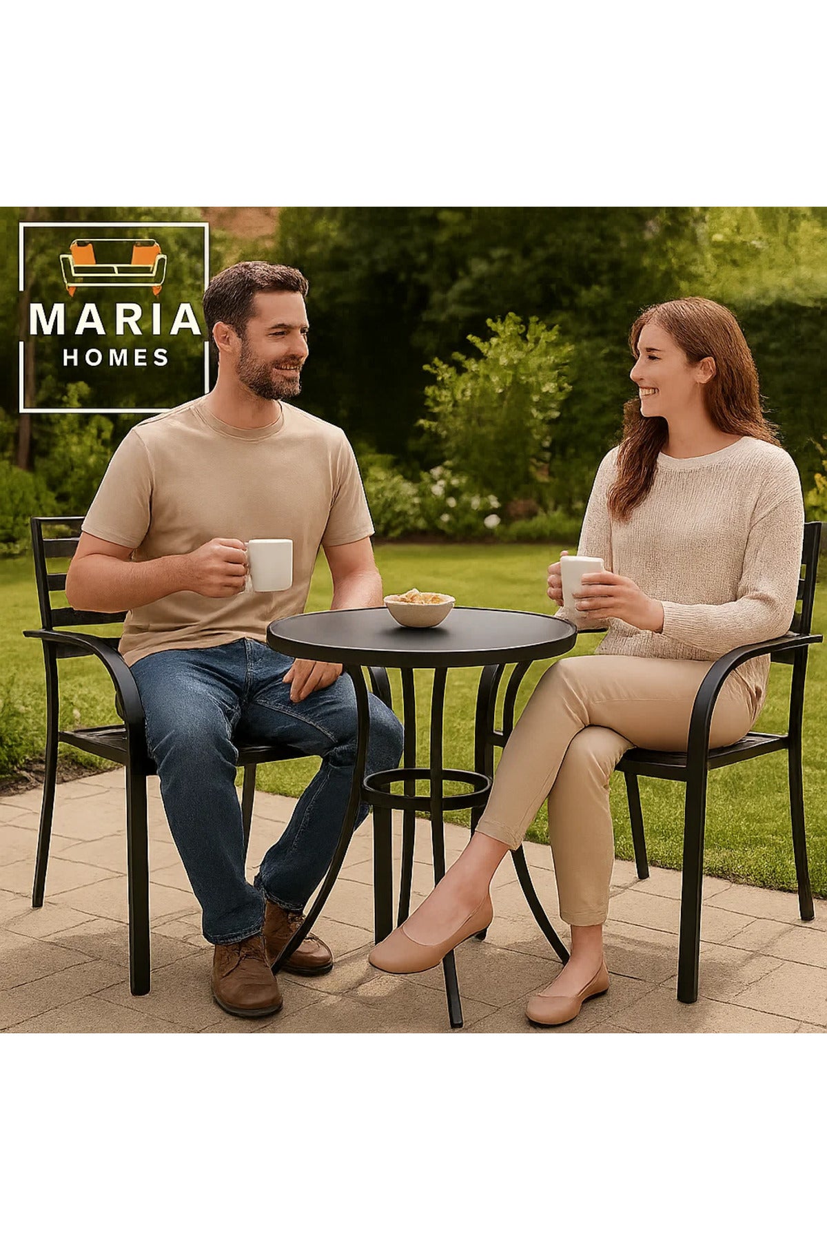 Black Metal Outdoor Armchair Ð Slatted Seat and Backrest for Patio or Garden