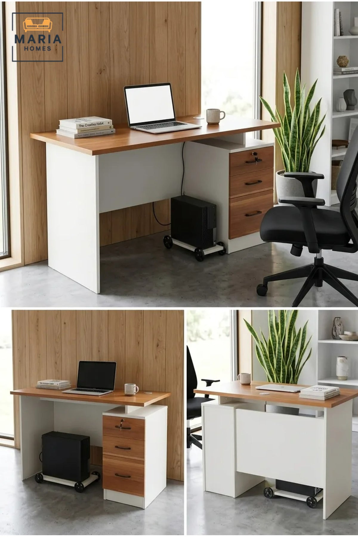 Modern Office Desk with Wooden Top, Lockable Drawers and Mobile CPU Stand, Computer Workstation for Home Office, Study Room and Workplace
