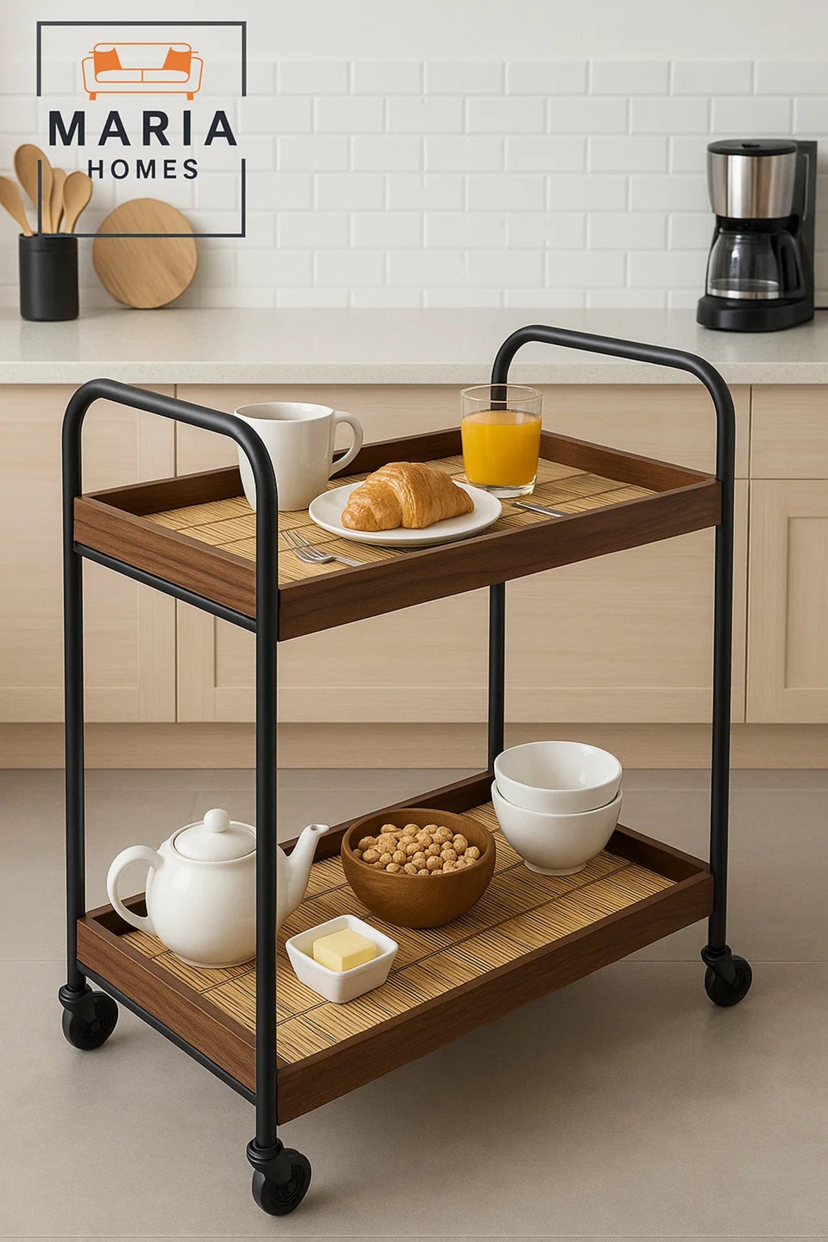 Style Rattan Bar Cart Ð 2-Tier Serving Trolley with Black Frame and Natural Wood Shelf Accents