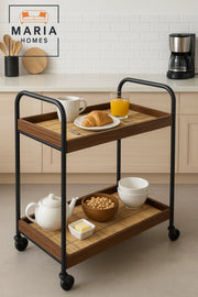 Style Rattan Bar Cart Ð 2-Tier Serving Trolley with Black Frame and Natural Wood Shelf Accents