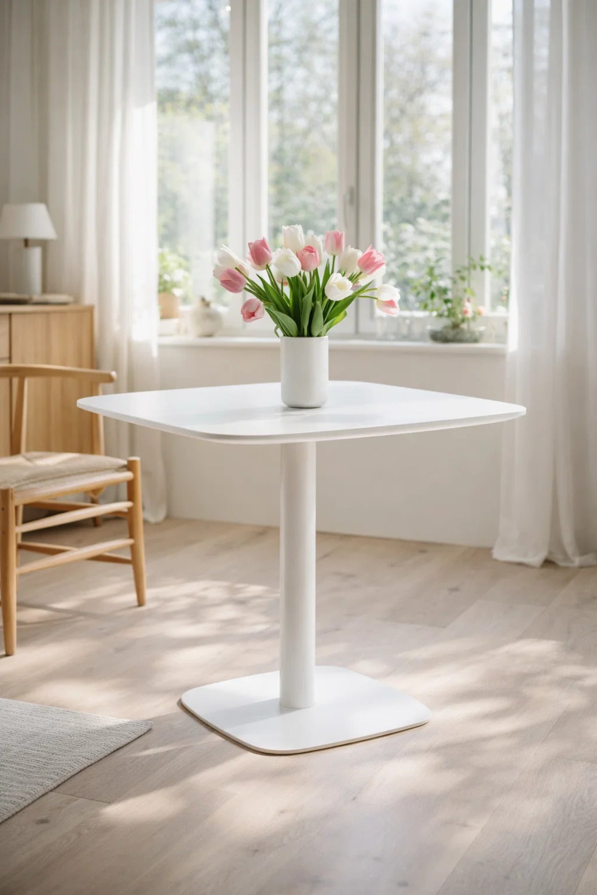 Elegant White Square Cafe Table 80x80cm Modern Dining Table with Sturdy Metal Leg for Small Spaces