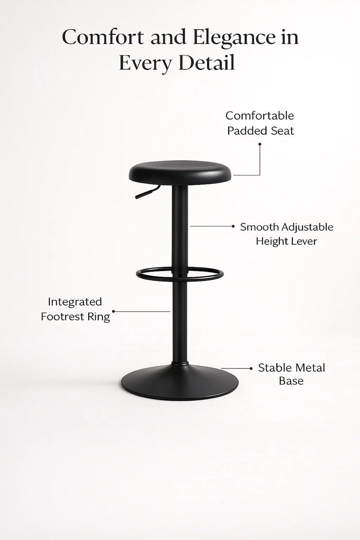 Modern Adjustable Bar Stool Black Padded Seat with Footrest