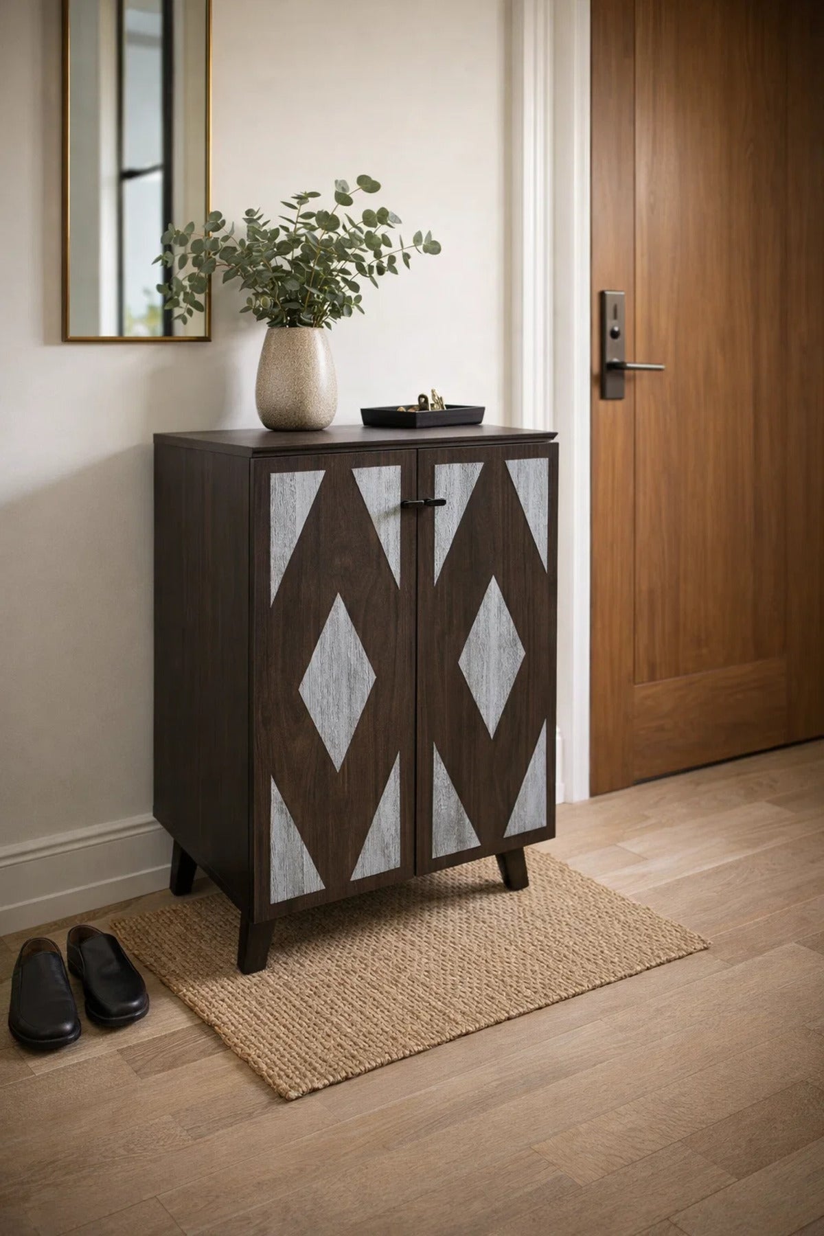 Modern Geometric Pattern Shoe Cabinet Dark Brown Wood Storage Unit for Entryway Home Organizer 91cm