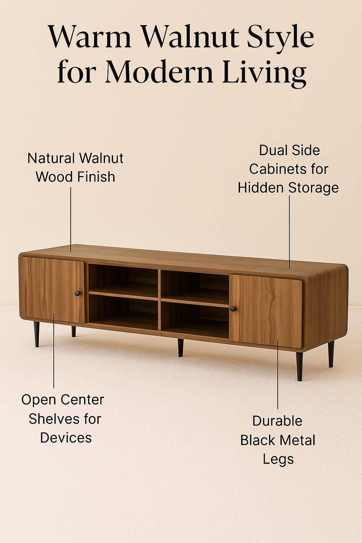 Walnut Wooden TV Stand 180_40_54 cm Ð Modern TV Unit with Open Shelves and Side Cabinets for Living