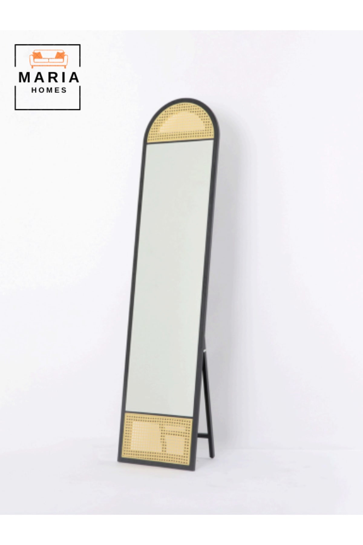 Arched Full-Length Black Wood Mirror Ð 170x40 cm with Rattan Accents