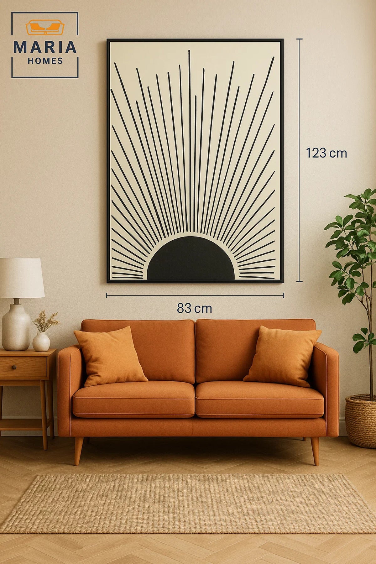 Framed Abstract Wall Art Ð Rising Sunburst Design in Black on Beige and Size 123*83 cm