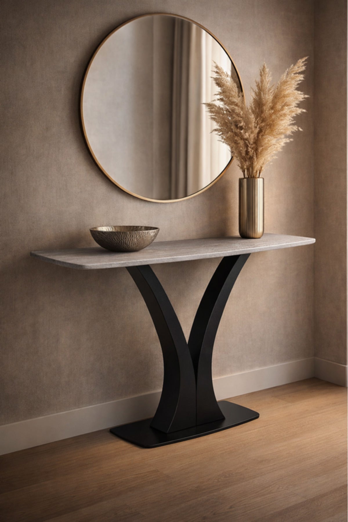 Light Grey Console Table with Black Metal Base Modern Entryway light grey console