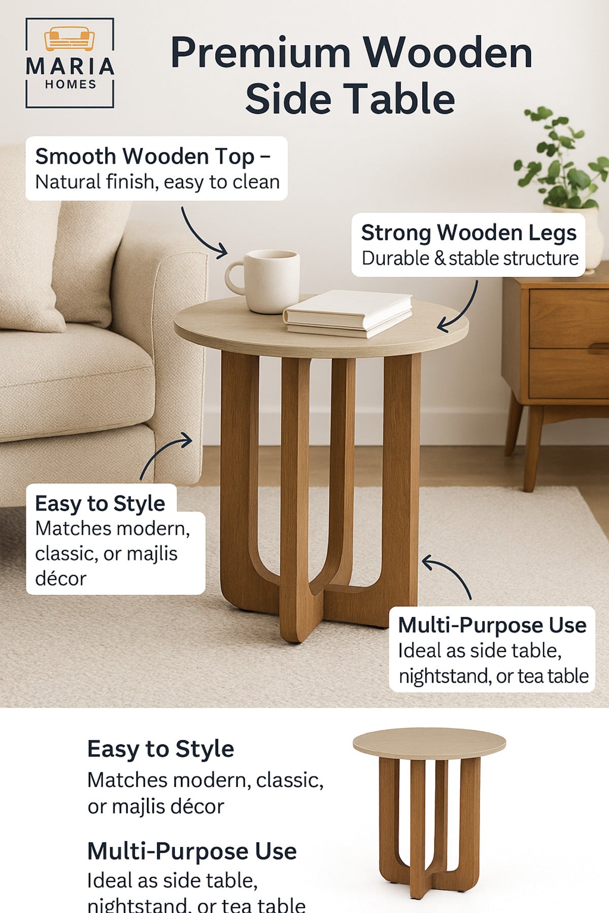 Round Side Table 45_55 cm Ð Modern Coffee Table with Faux Marble Top & Wooden Brown Legs
