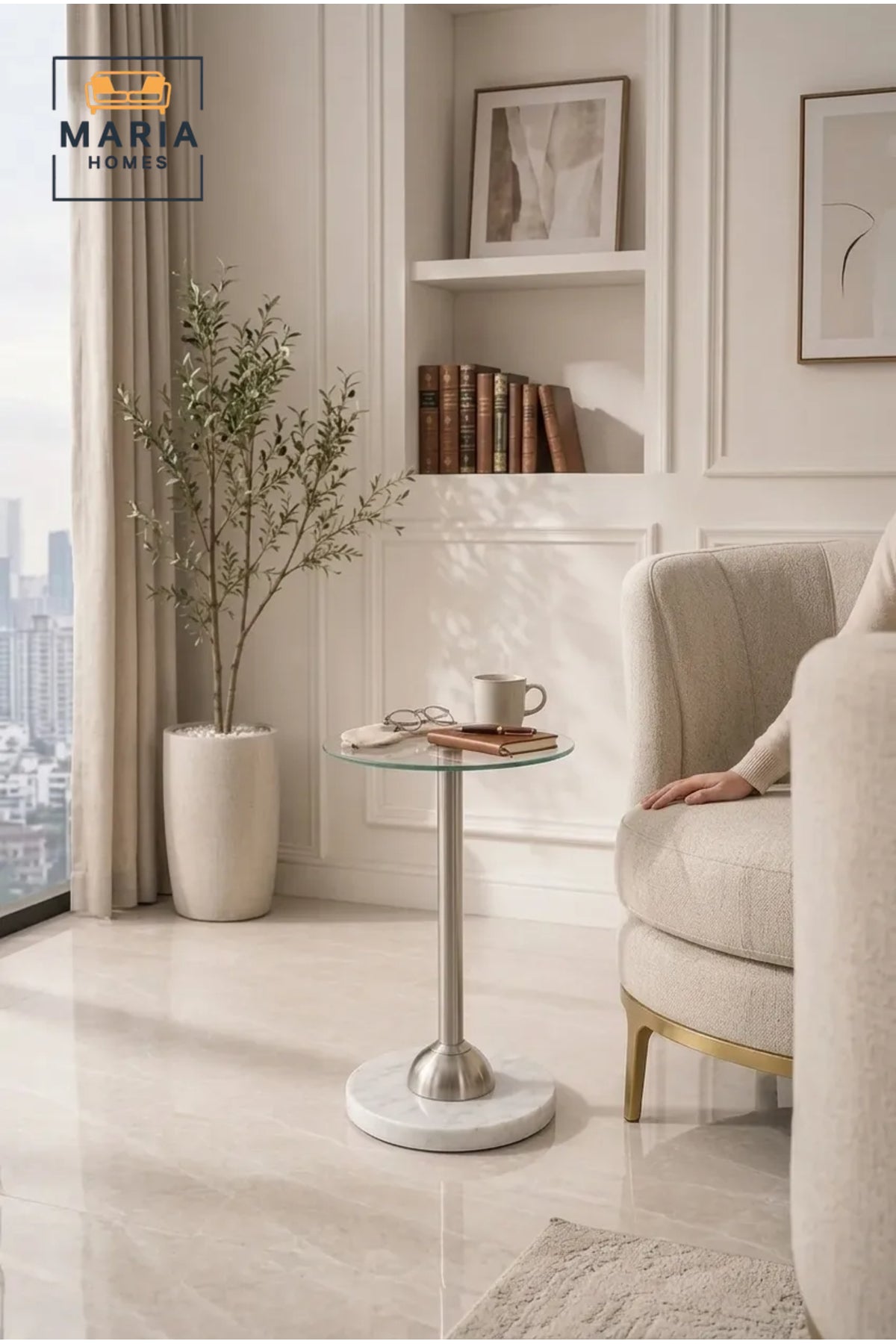 Modern Round Glass Side Table with White Marble Base and Brushed Metal Support