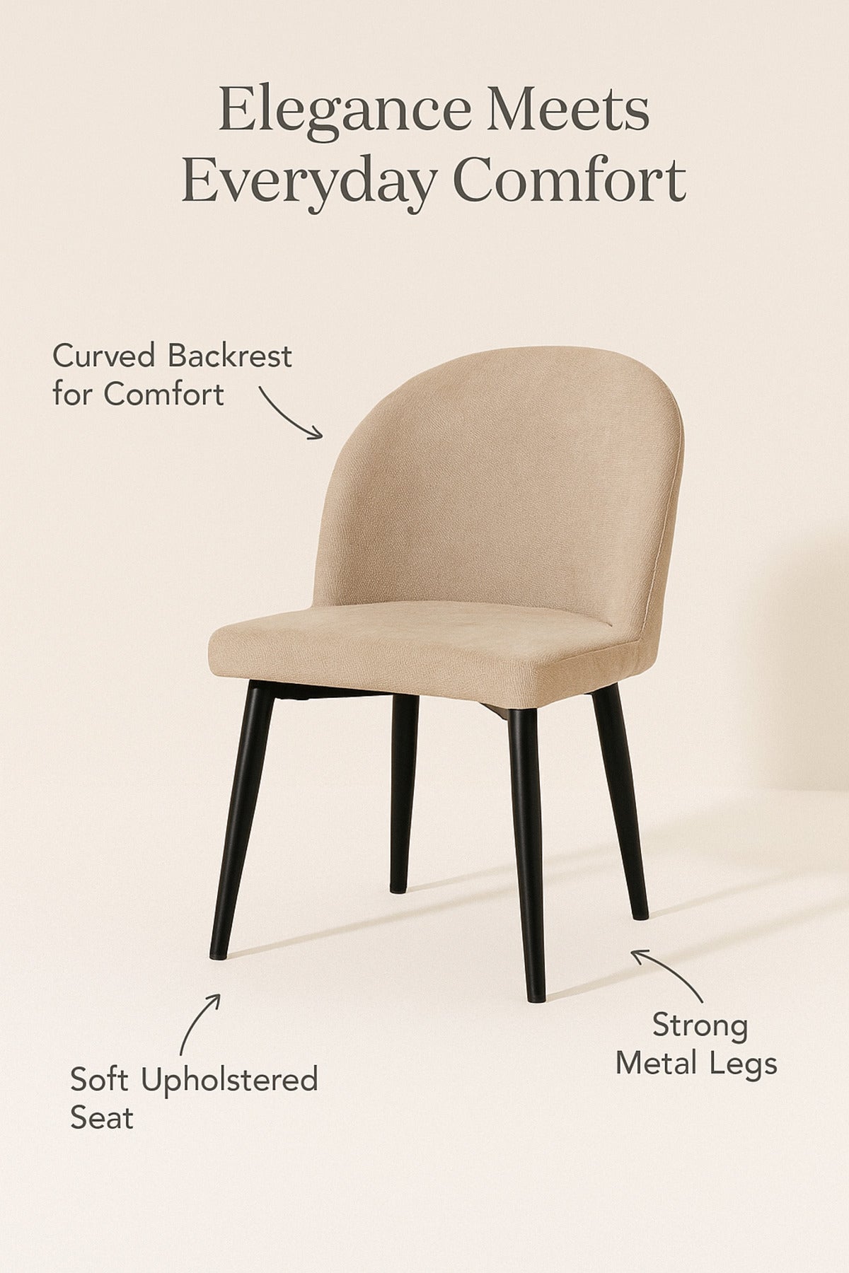 Beige Fabric Dining Chair Modern Upholstered Curved Back Chair with Black Metal Legs for Dining Room
