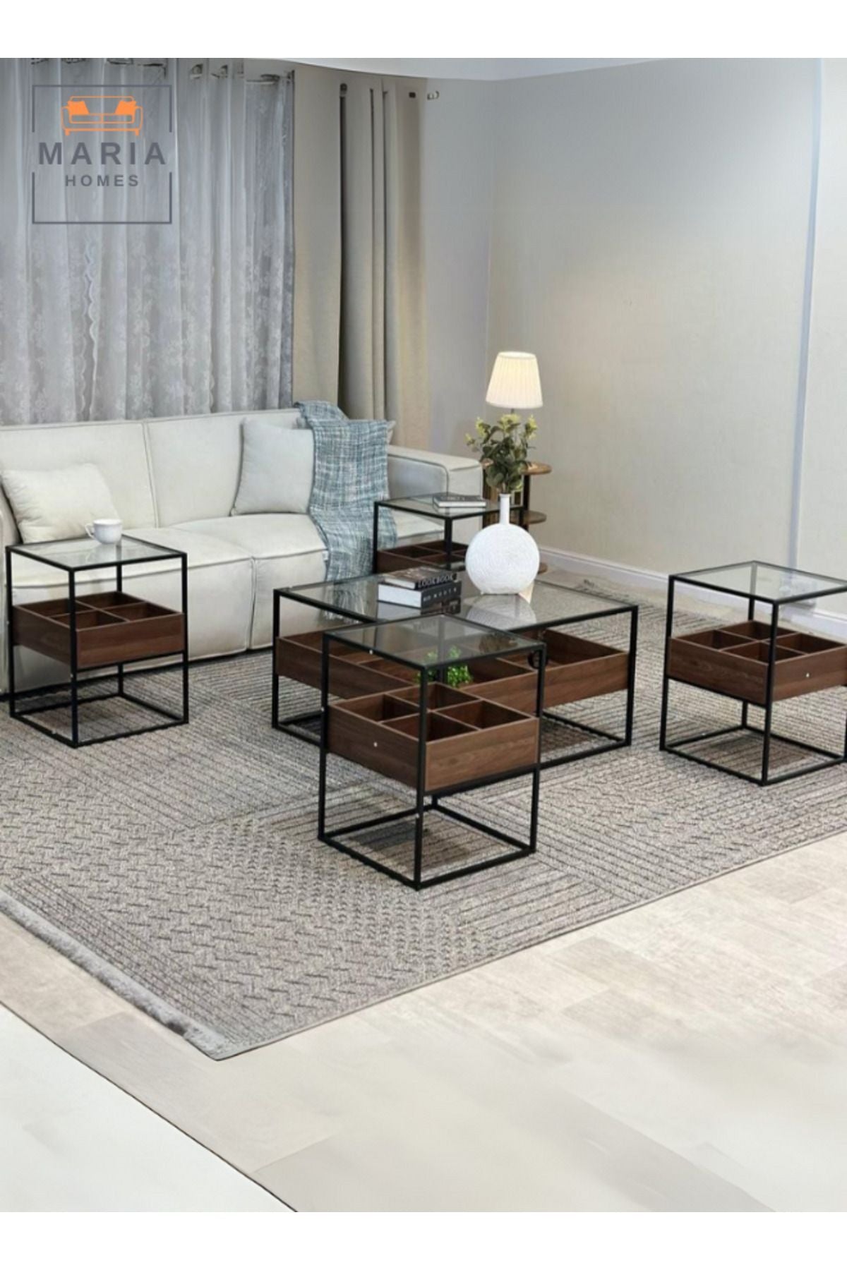 Modern Walnut & Black Frame Coffee Table with Glass Top 40x40x55 CM
