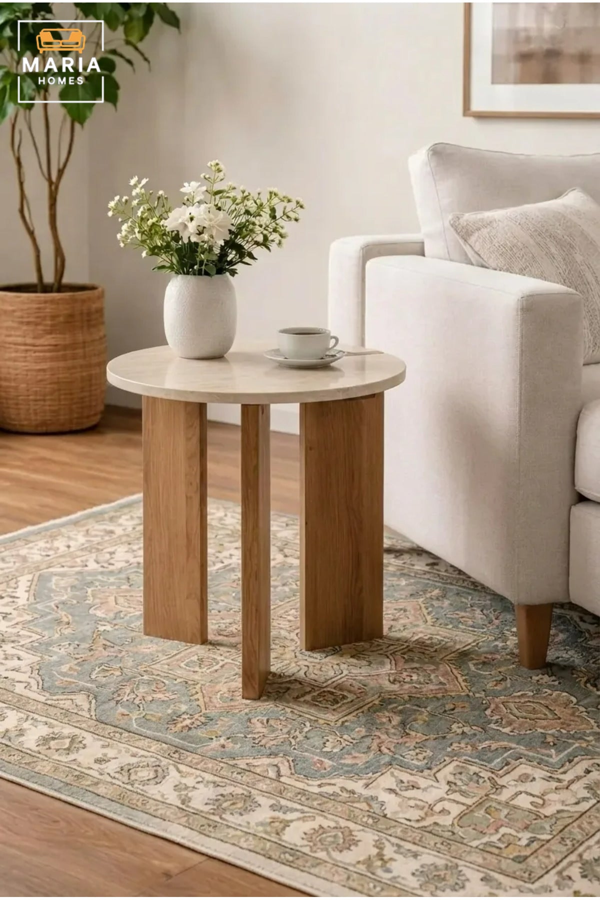 Modern Round Side Table with Wooden Base, Contemporary End Table for Living Room, Bedroom, Office & Lounge