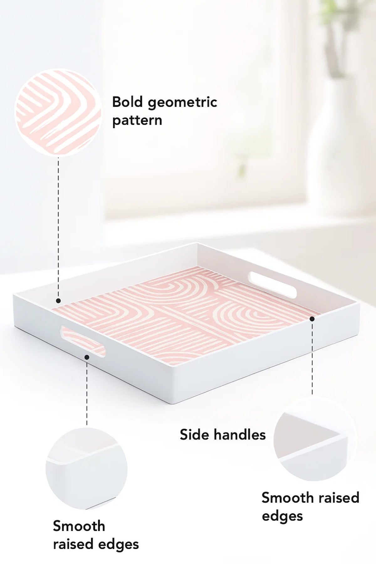 Square Serving Tray with Pink Geometric Print Ðsize 35*35cm White Frame and Cutout Handles