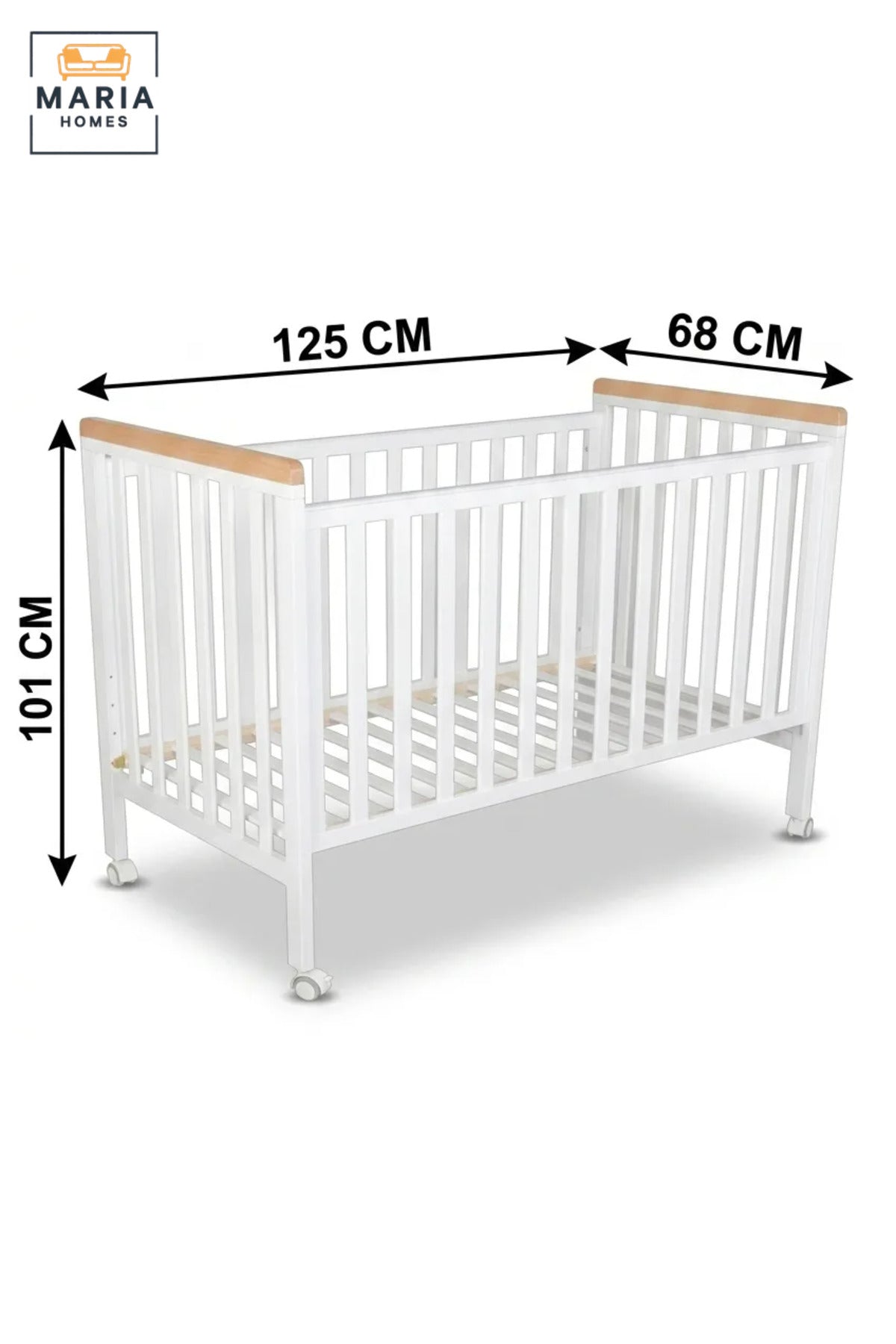 Baby Cot with Safety Rails and Lockable Wheels, Wooden Nursery Crib Bed with Slatted Sides for Newborn Babies, Infants and Toddlers