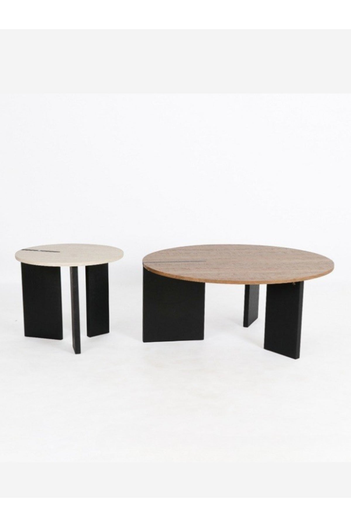 2-Piece Coffee Table Set Ð Round Brown & Beige Tops with Black Wooden Legs