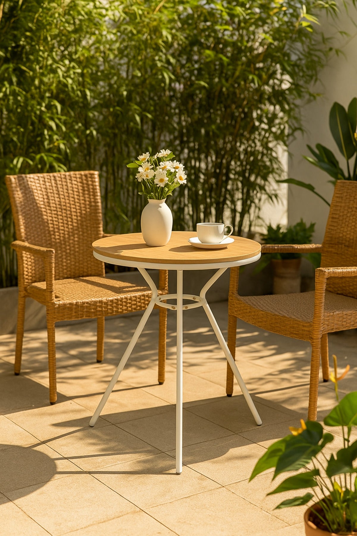 Round Outdoor Table Ð 60_75 cm White Metal Frame with Wooden Top for Balcony & CafŽ