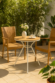 Round Outdoor Table Ð 60_75 cm White Metal Frame with Wooden Top for Balcony & CafŽ