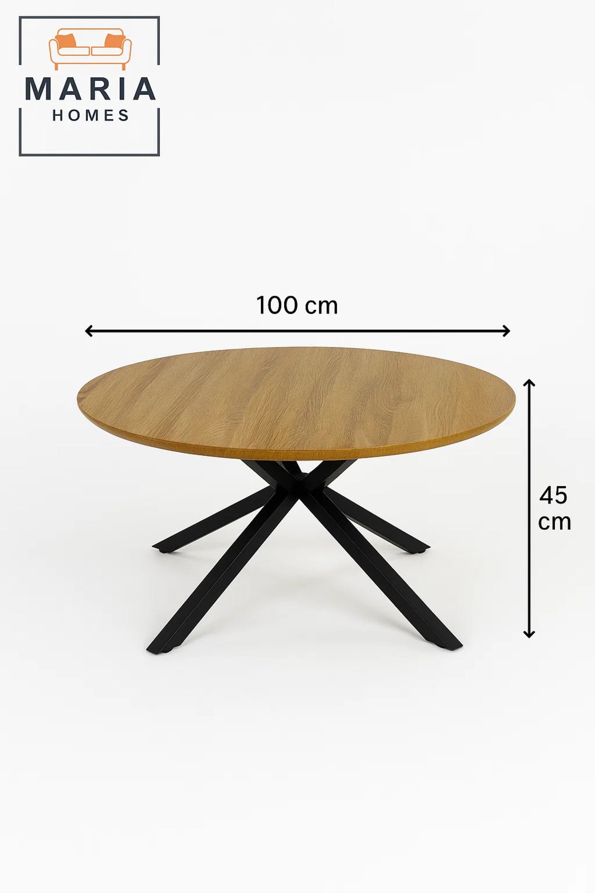 Large walnut round coffee table with cross metal base
