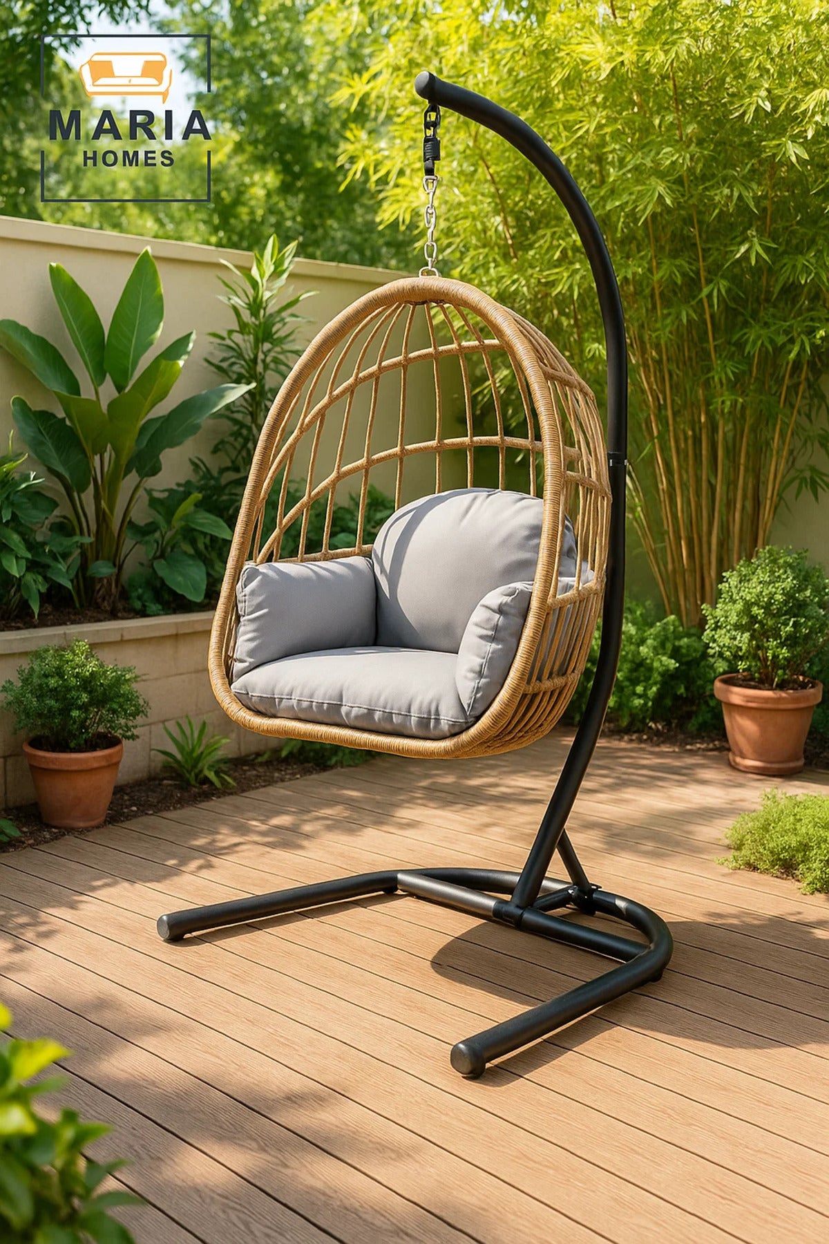 Rattan Hanging Egg Chair with Stand for Indoor Outdoor Balcony Garden Patio Swing Chair