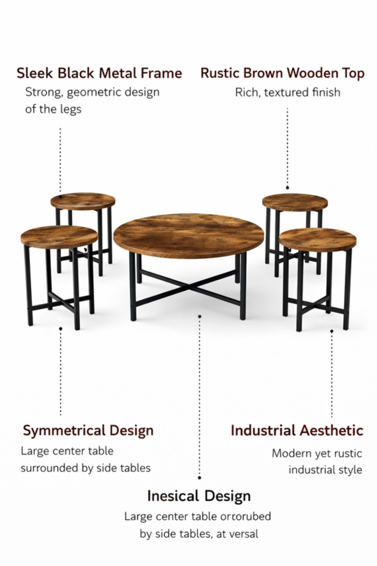 Industrial Round Coffee Table Set 1+4 Rustic Wood Finish Black Metal Legs Living Room Furniture Pack