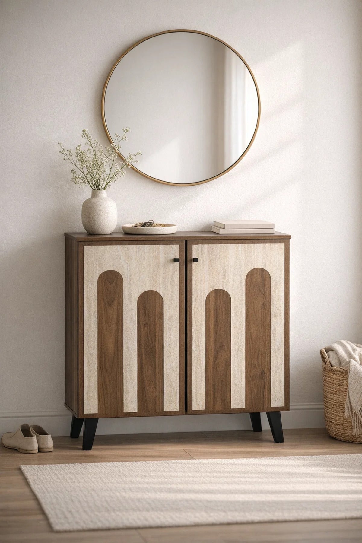 Dark Brown and Beige Shoe Cabinet with Decorative Panel Design 80 x 32 x 93 cm