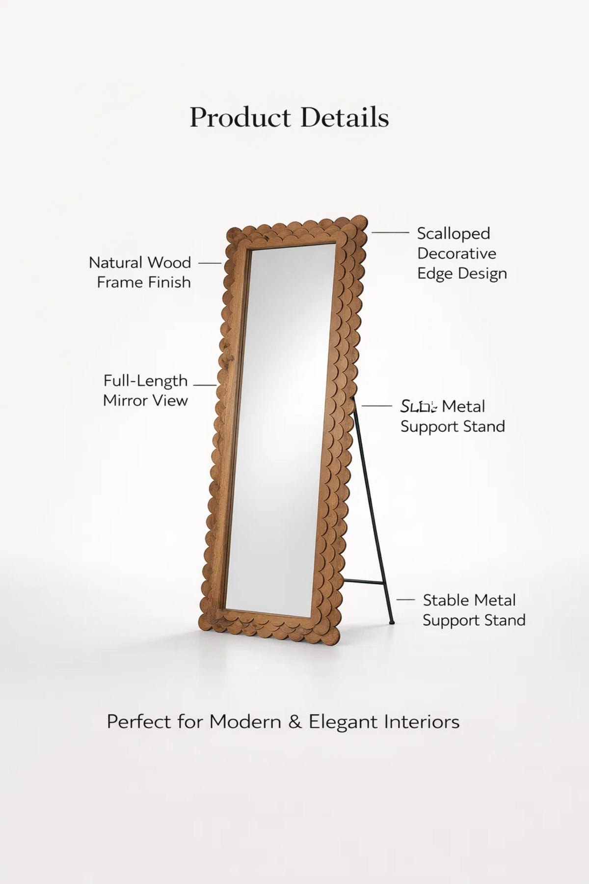 Full Length Wooden Floor Mirror with Scalloped Frame 160x60cm Natural Finish full