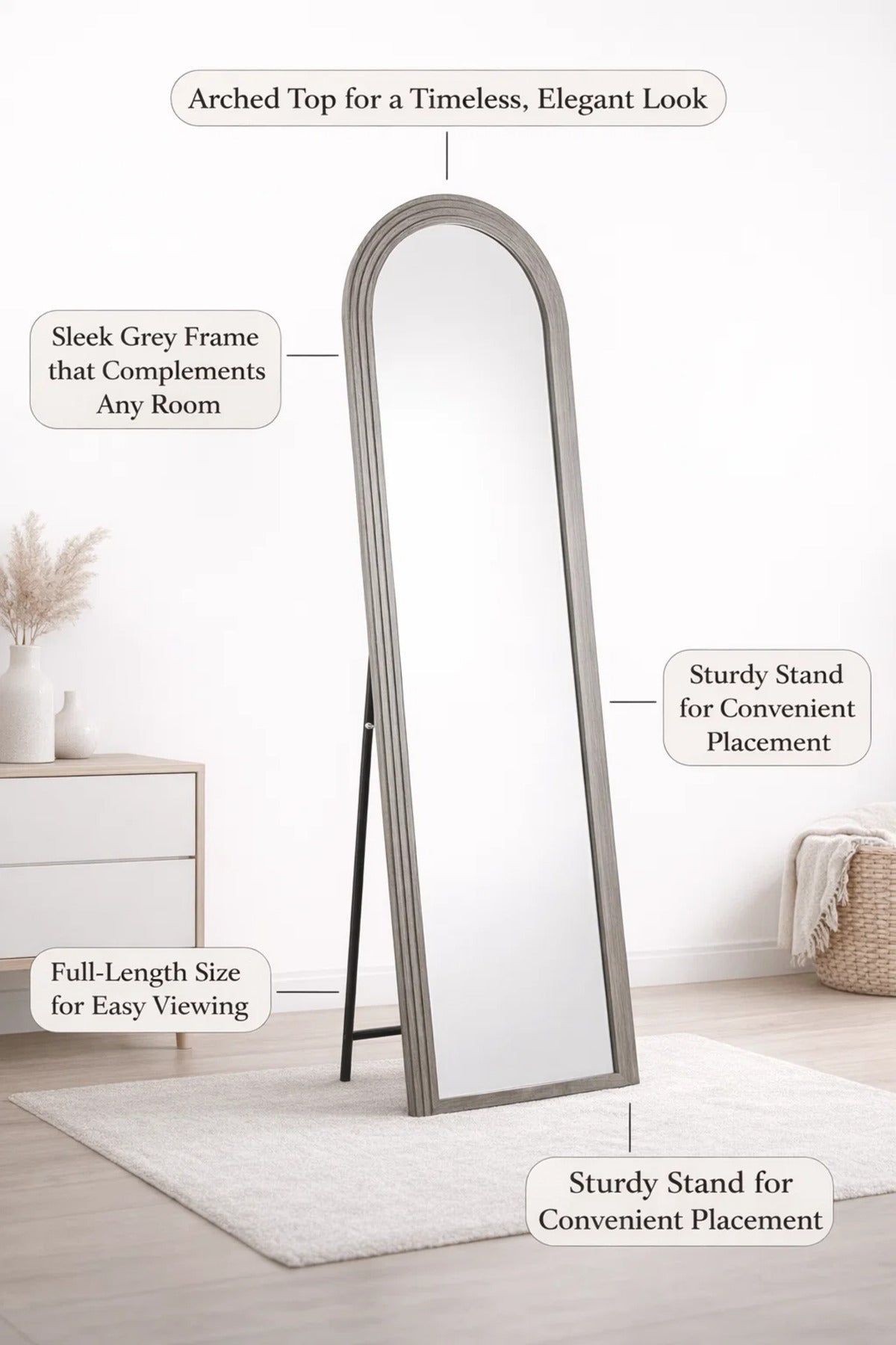 Modern Arched Full Length Standing Mirror 180x70cm Grey Wood Frame for Bedroom and Dressing Room