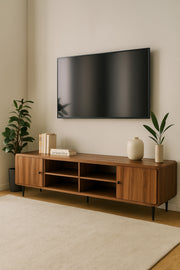 Walnut Wooden TV Stand 180_40_54 cm Ð Modern TV Unit with Open Shelves and Side Cabinets for Living