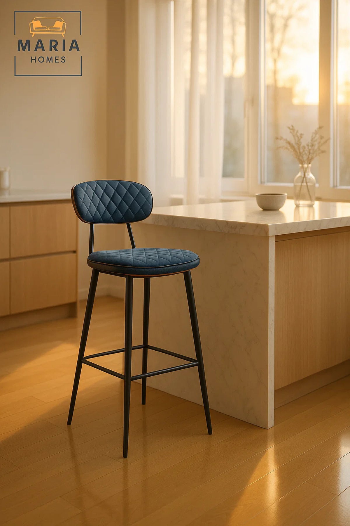 Modern Blue Bar Stool for Home Kitchen & Dining Counter, Comfortable Metal Frame Bar Chair