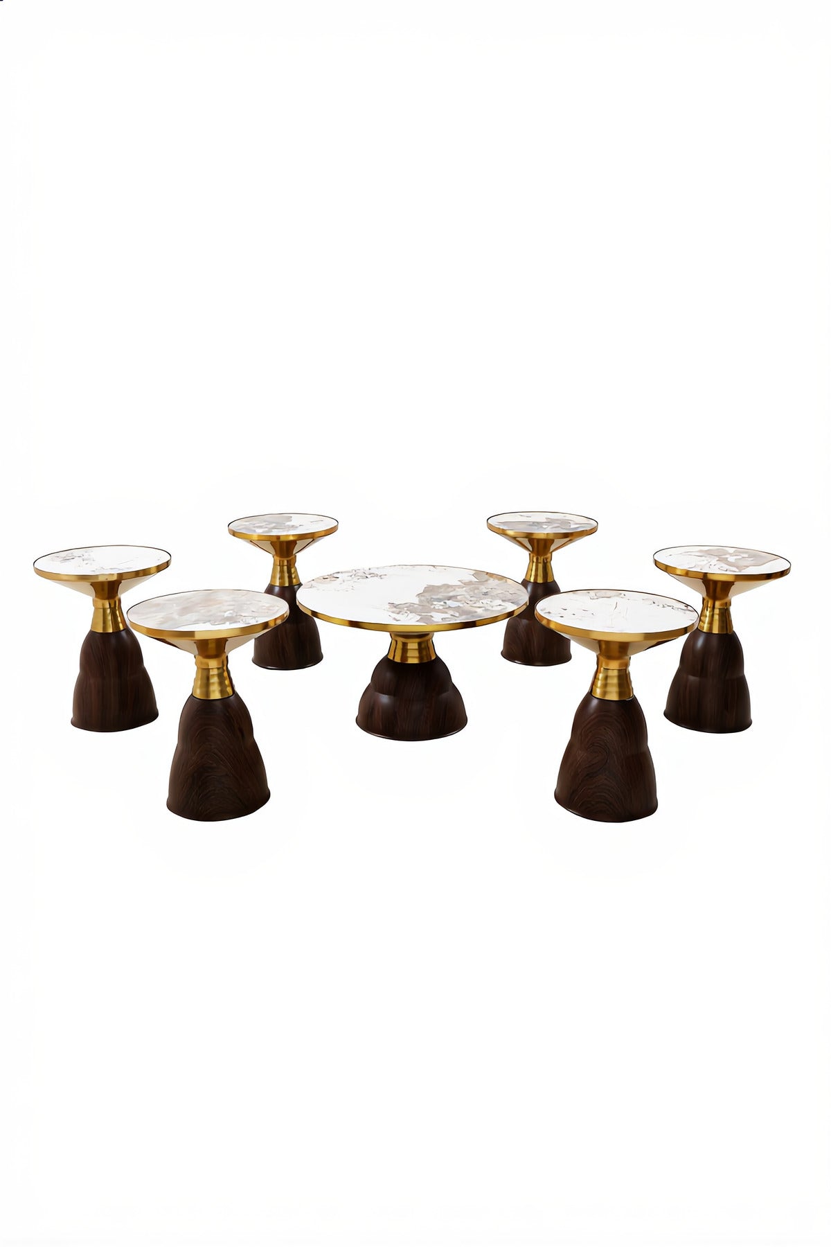 Modern 1+6 Center Table Set Marble Pattern Top Gold Detail Dark Wood Base for Elegant Salons