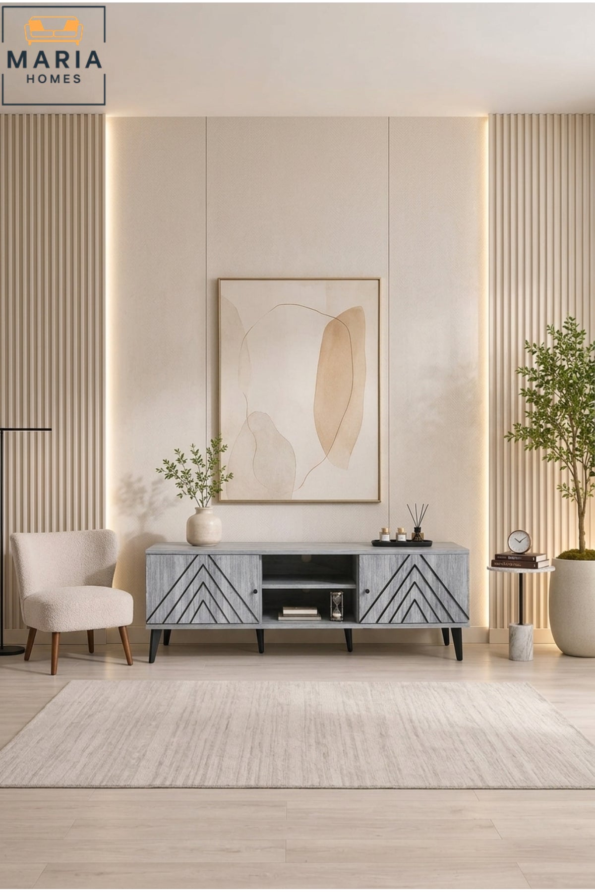 180 cm Modern TV Stand with Chevron Pattern Doors Ð Entertainment Center with Storage Cabinets & Open Shelves