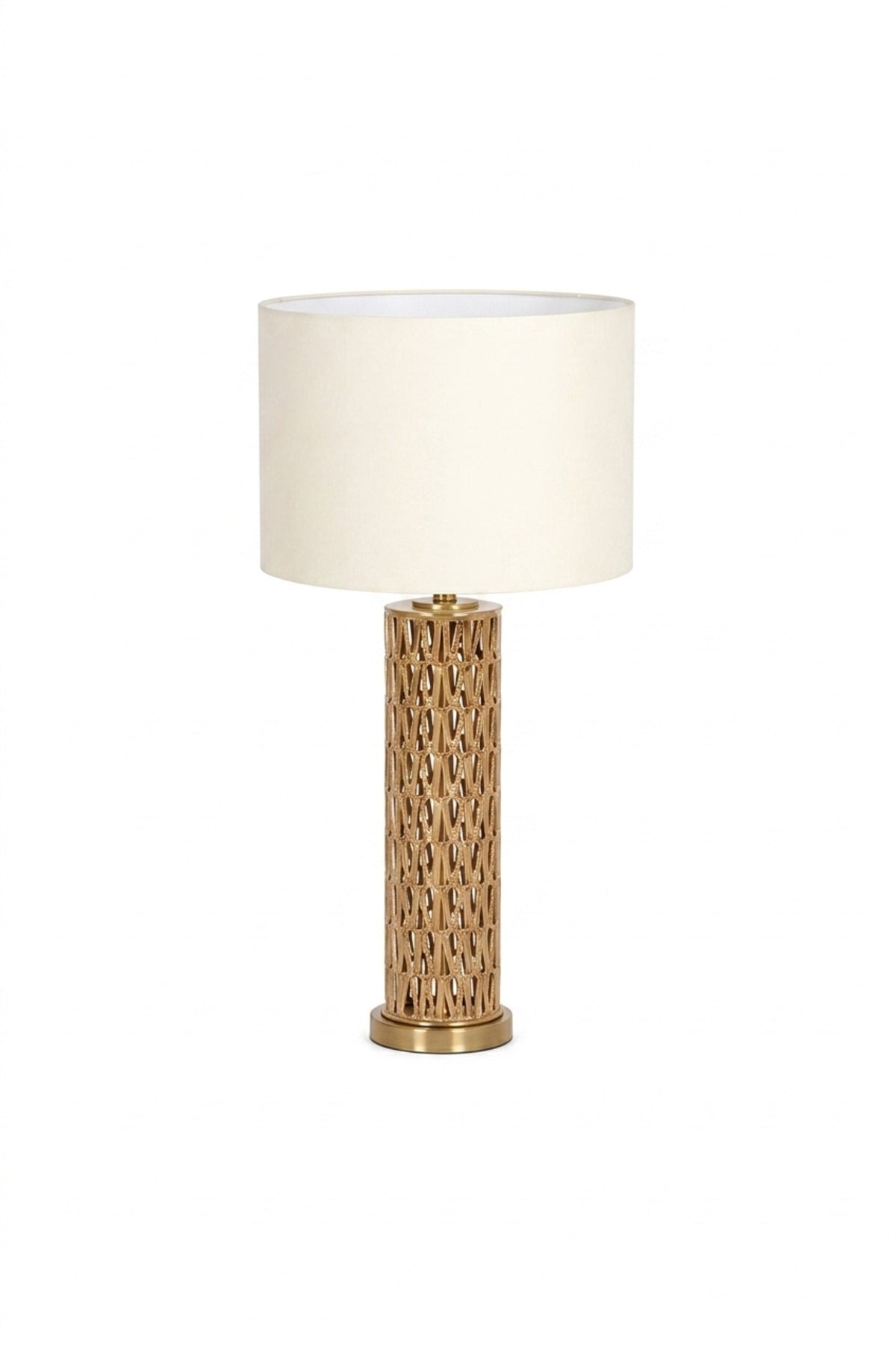 Luxury Gold Lattice Table Lamp with White Drum Fabric Shade and Decorative Cylindrical Base for Bedroom, Living Room, Office, Hotel and Bedside Décor