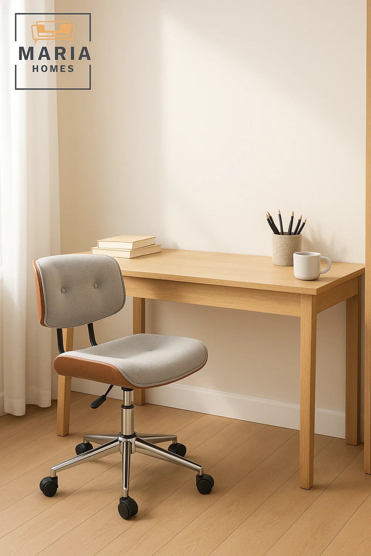 Light Grey Mid-Century Office Chair, Adjustable Swivel Desk Chair with Wheels and Cushion