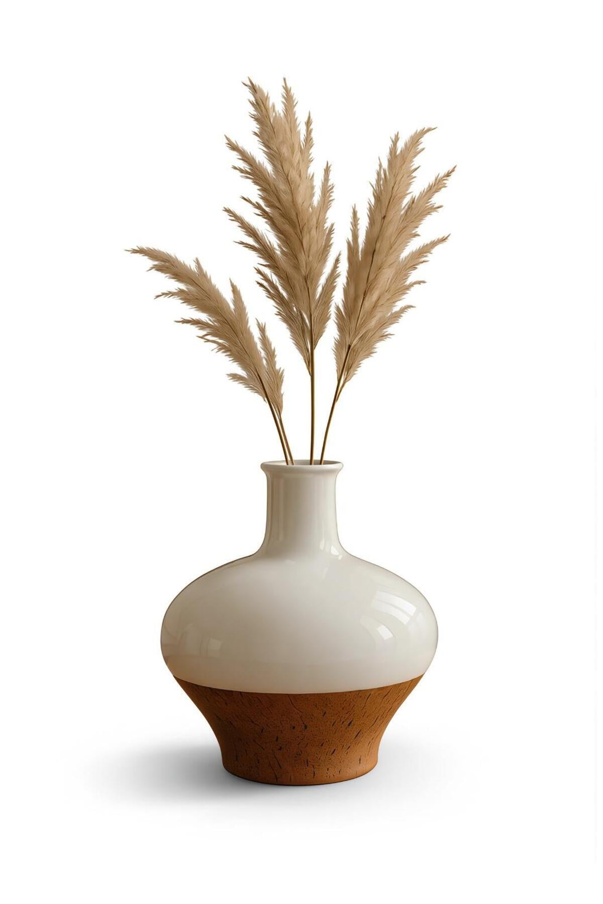 White and Cork Finish Ceramic Vase – Wide Round Decorative Flower Pot