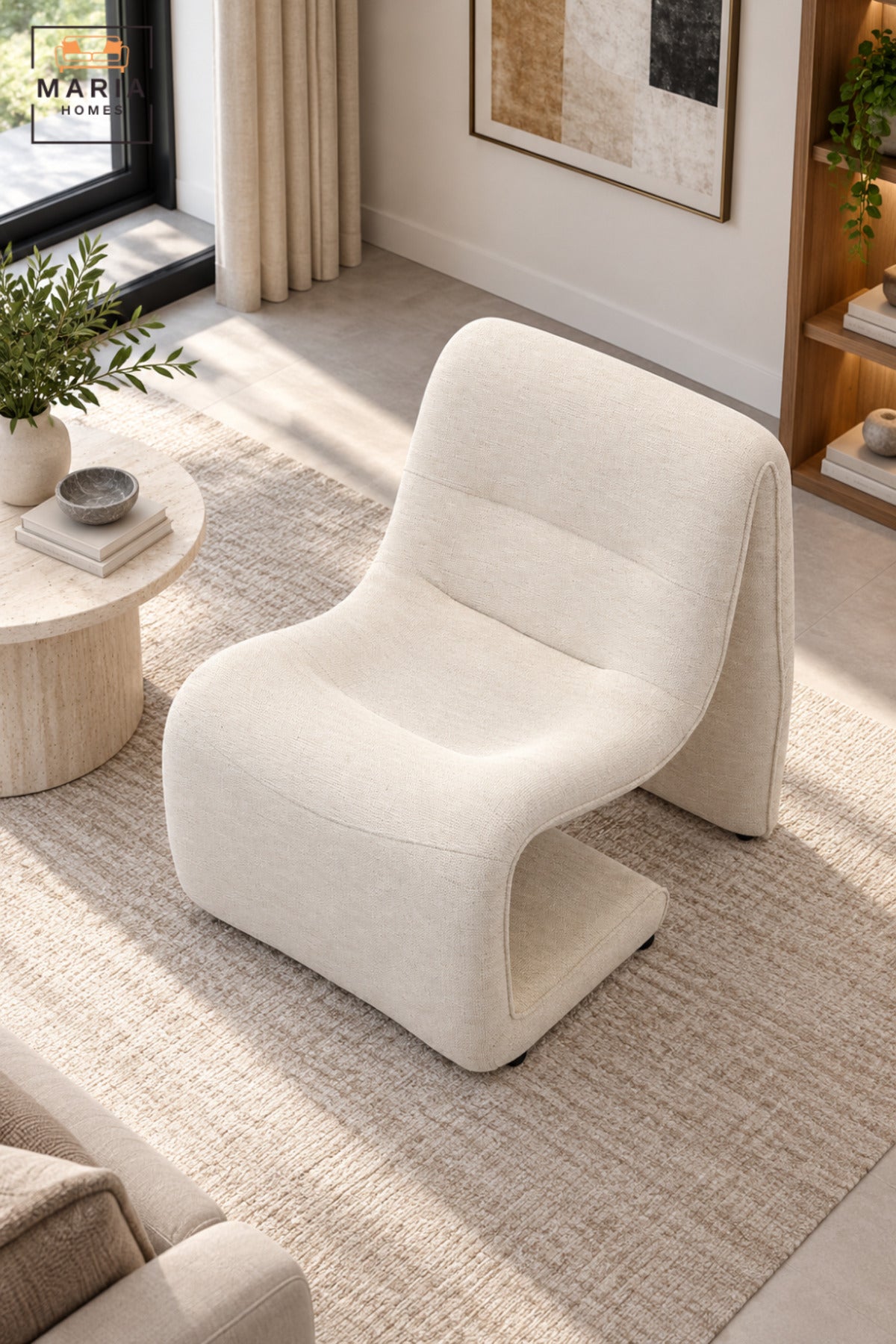 Modern beige Upholstered Accent Chair with Sculptural Curved Design, Padded Seat for Living Room, Bedroom, Lounge & Reading Corner