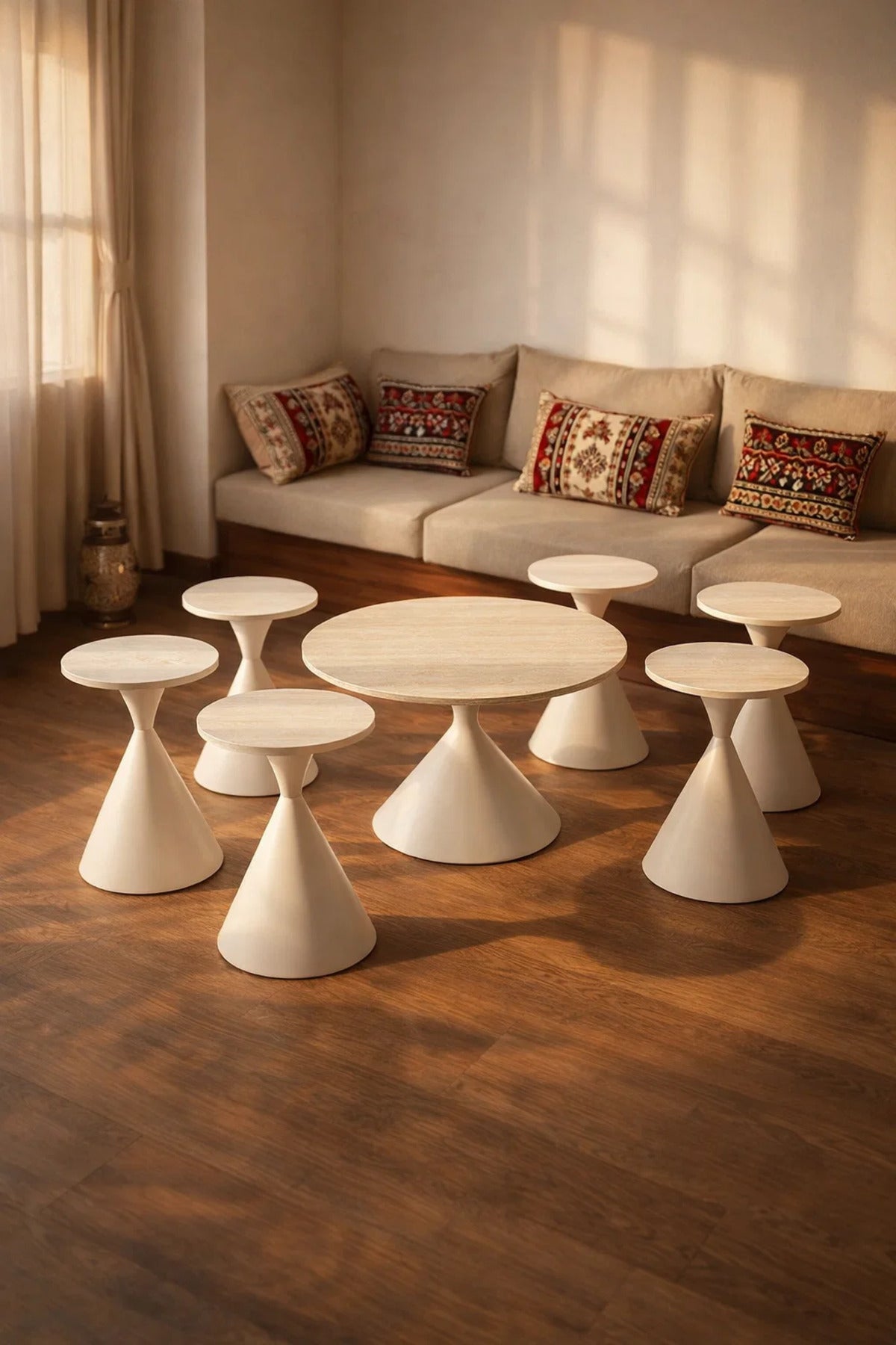 Modern Beige Round Coffee Table Set 1+6 √ê 7 Piece Cone Base Living Room Set