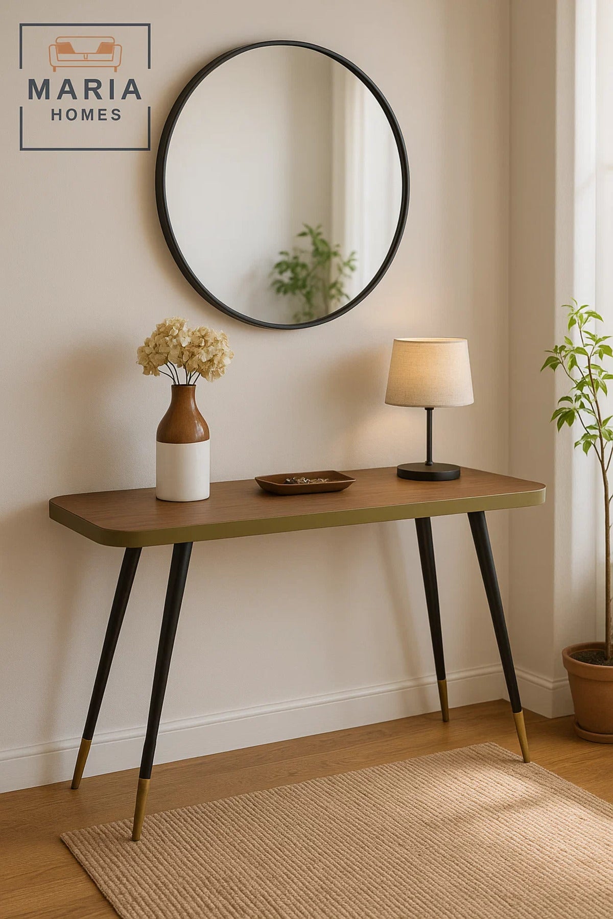 Mid-Century Modern Console Table 120x40x75cm Ð Walnut Top with Gold Accent and Tapered Legs