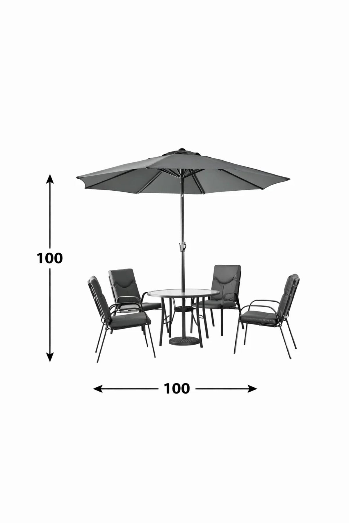 Modern 4 Seater Garden Dining Set with Parasol and Round Table Dark Grey Outdoor Patio Furniture