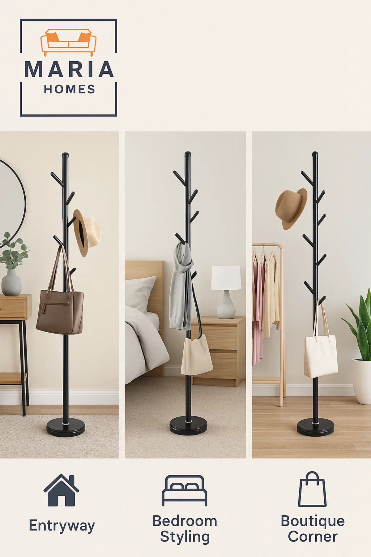 Slim Black Metal Coat Rack with Angled Peg Hooks