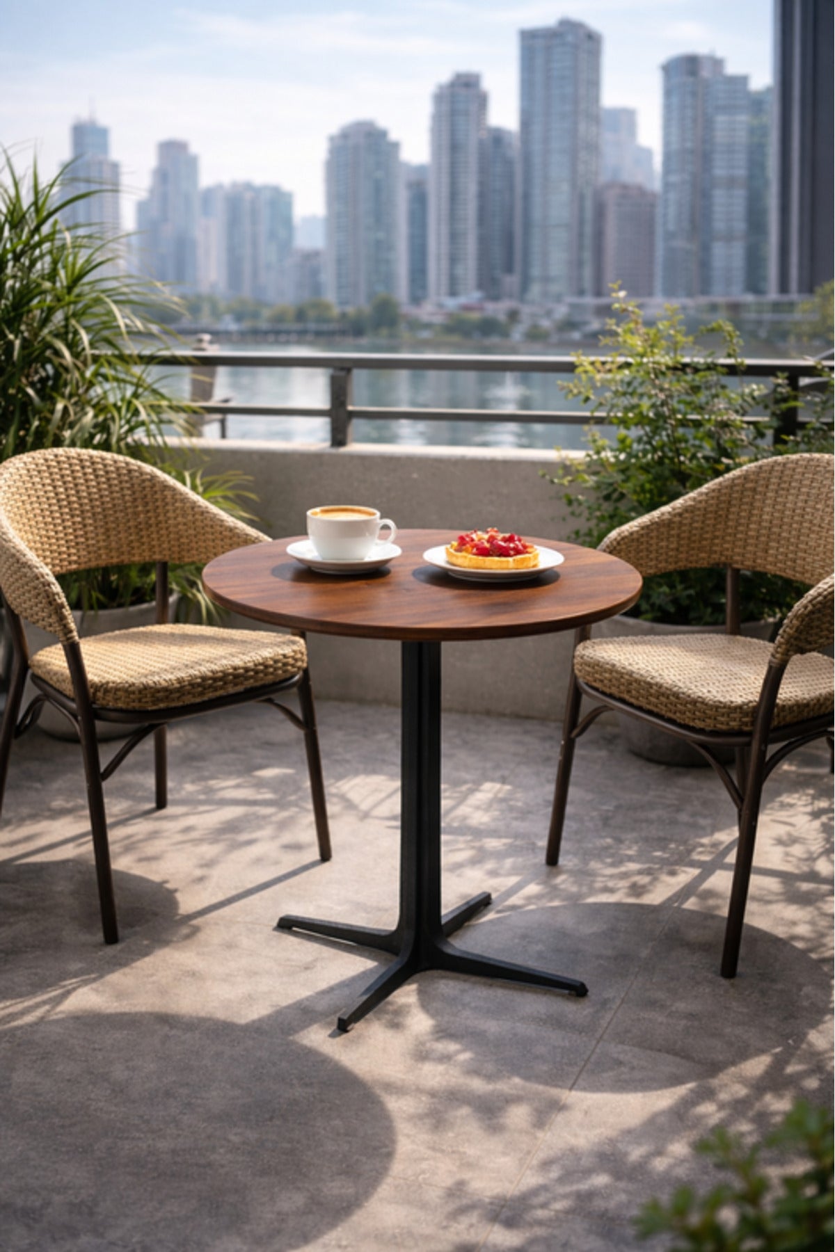 Modern Brown Round Coffee Table with Black Base, 70x70x75 CM modern brown round Dinner
