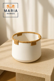 White Ceramic Pot with Jute Rope Trim Ð Minimalist Rustic Accent