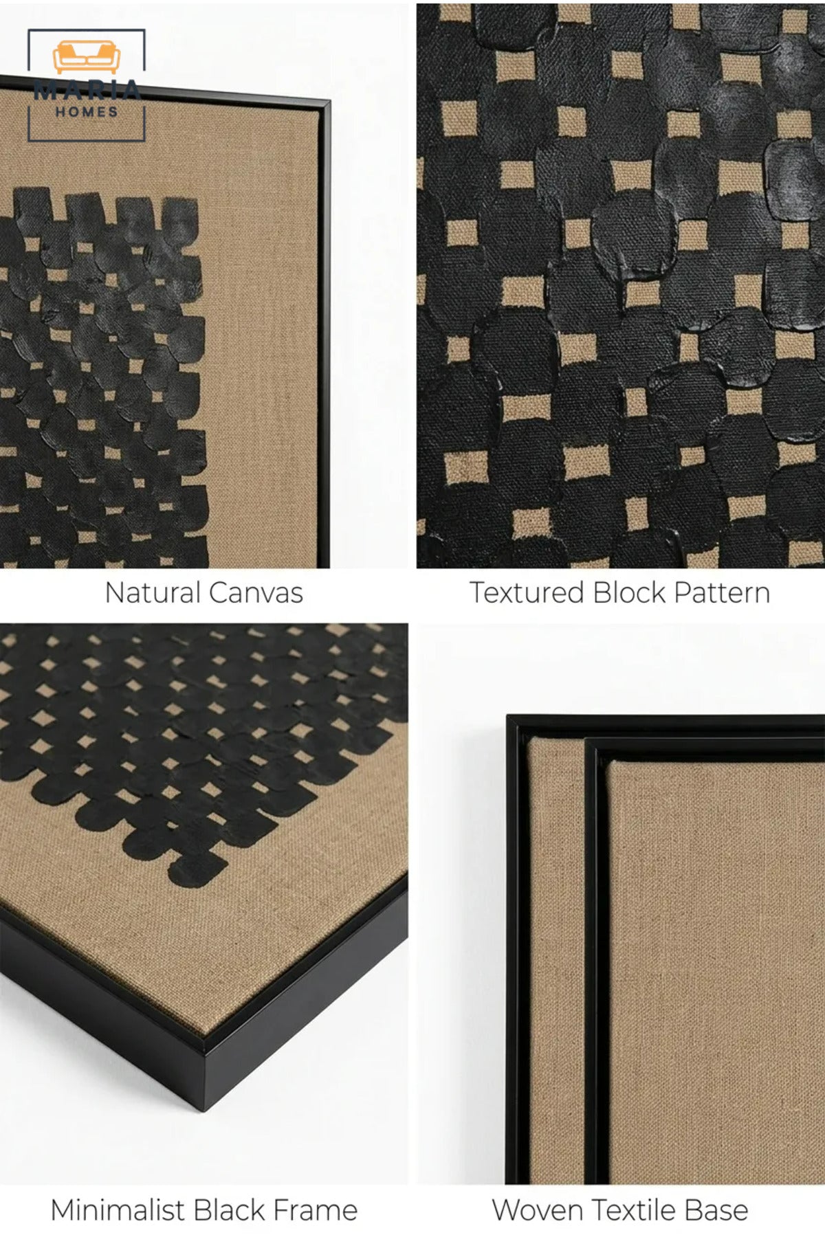 Modern Abstract Textured Wall Art with Slim Black Frame, Black Woven Geometric Design on Beige Canvas for Living Room, Bedroom and Office Décor