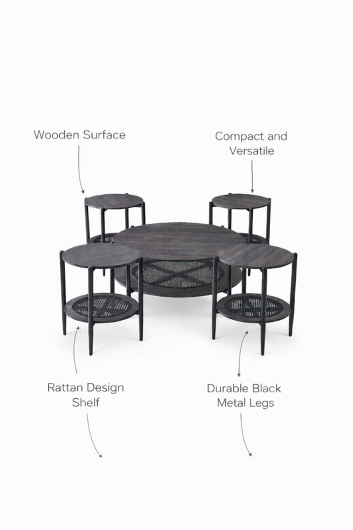 Dark Grey Round Coffee Table Set of 5 with 4 Side Tables and Mesh Shelf for Modern Living Rooms
