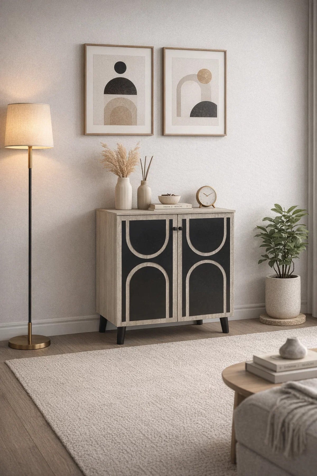 Stylish Beige Shoe Cabinet with Black Geometric Accents for Modern Home Entryway Organization