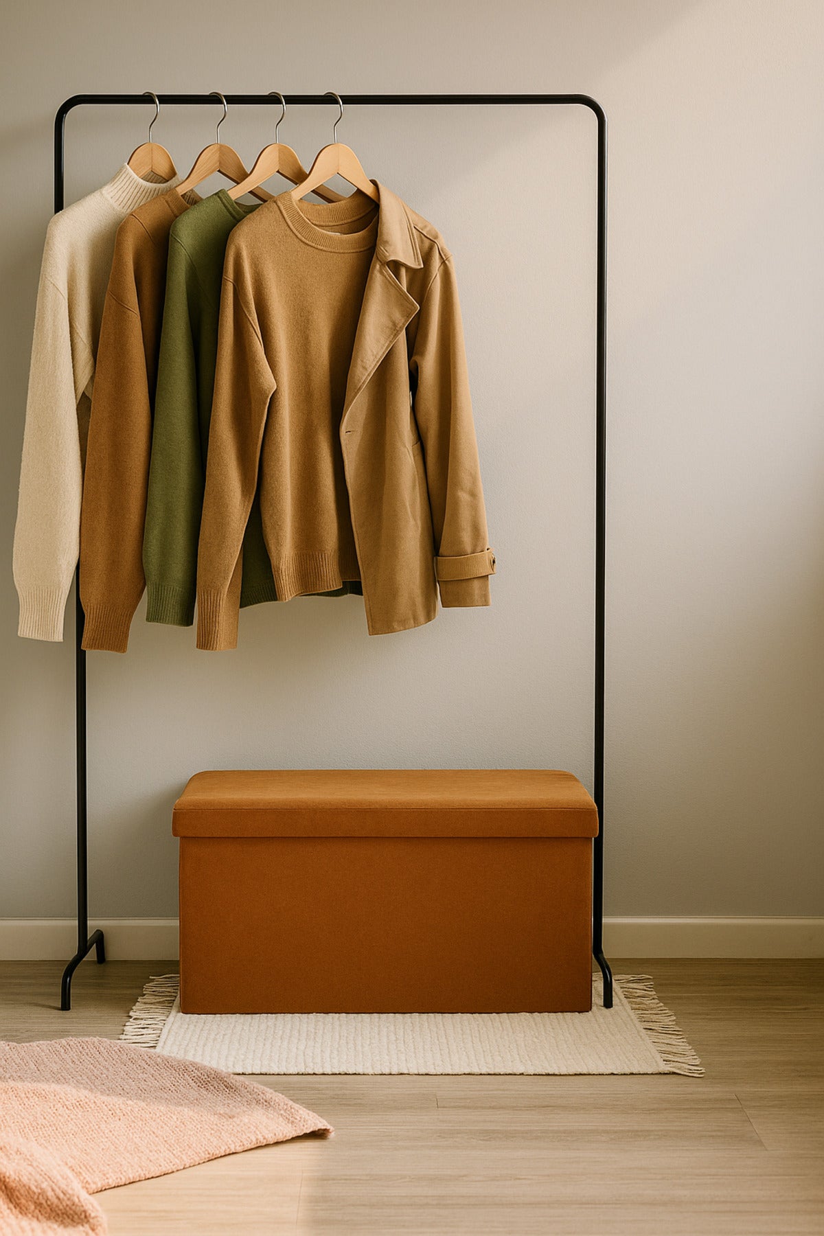 Orange Foldable Storage Ottoman Bench 76_38_38 cm Ð Stylish Fabric Seat with Hidden Storage Box