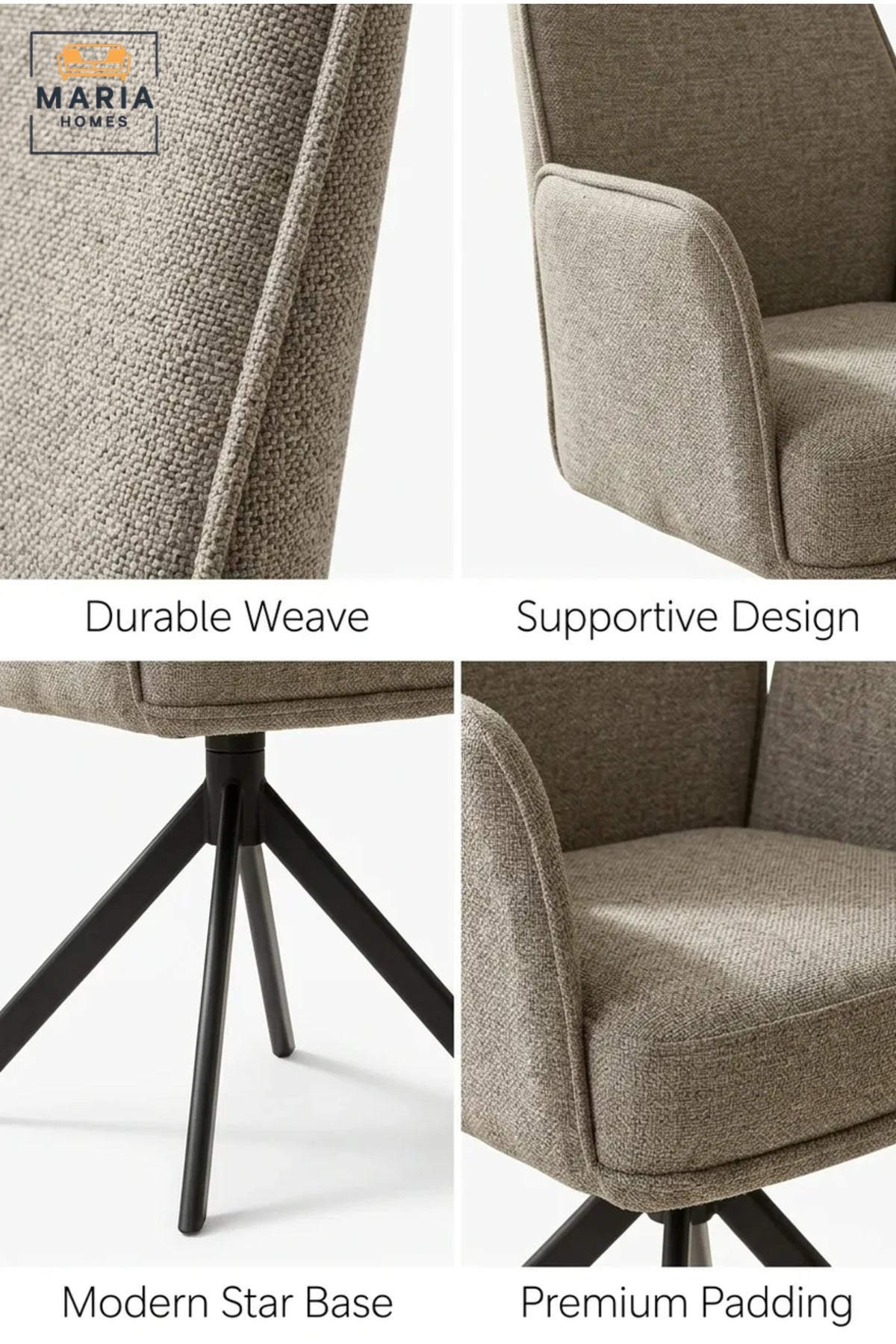 Modern Swivel Dining Chair with Armrests, Upholstered Fabric Seat, Metal Spider Base, Contemporary Dining Room & Kitchen Chair