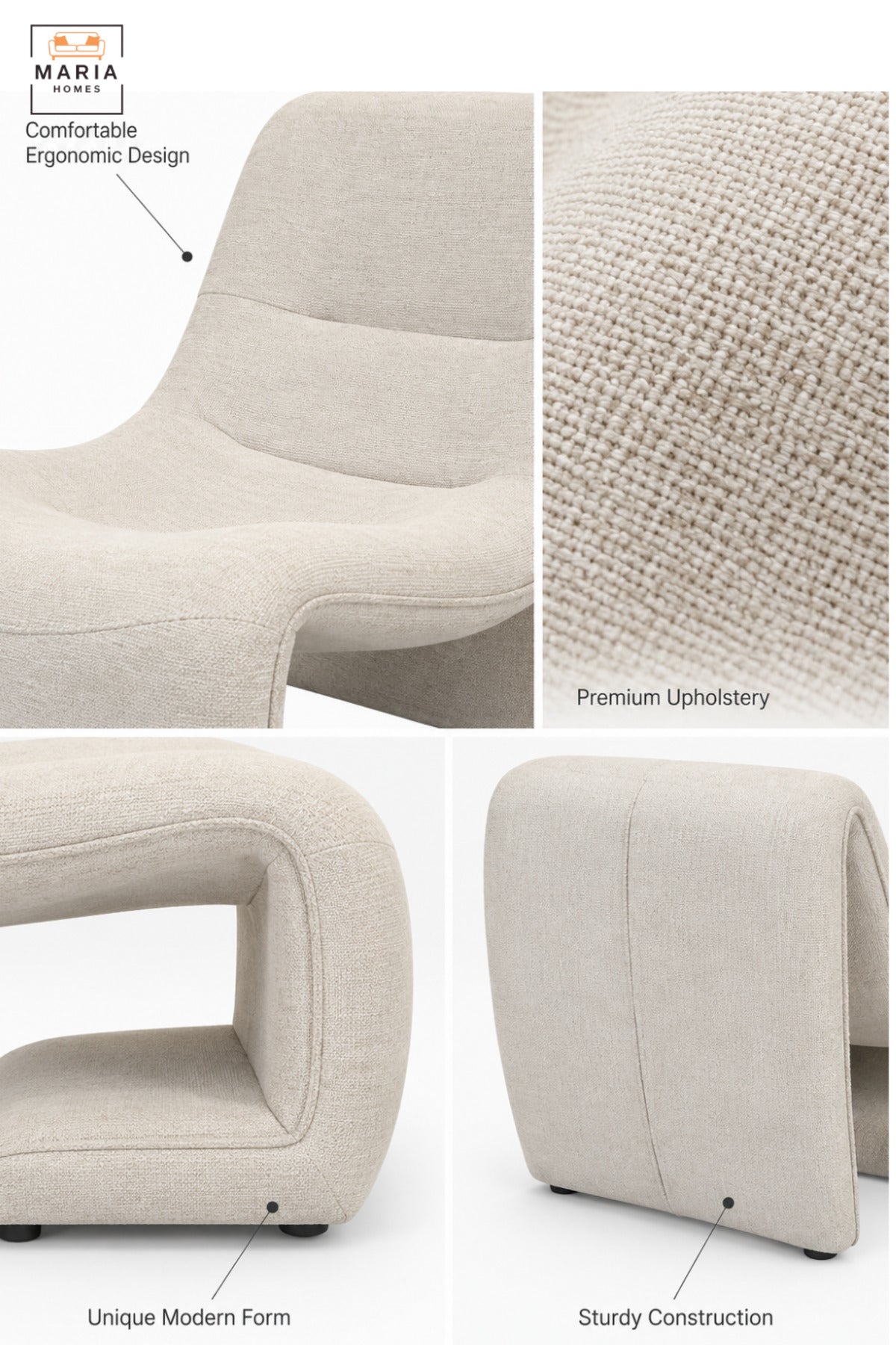 Modern beige Upholstered Accent Chair with Sculptural Curved Design, Padded Seat for Living Room, Bedroom, Lounge & Reading Corner
